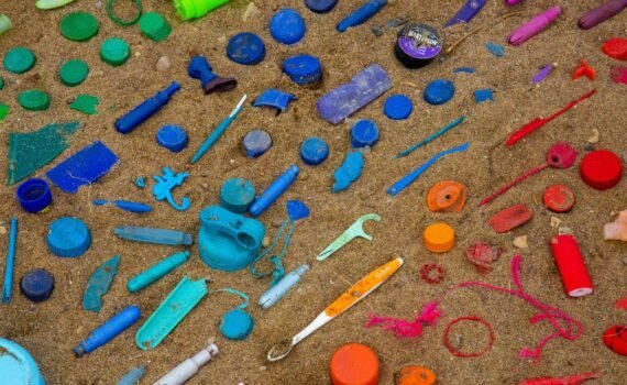 Color-coded plastic waste on a sandy beach